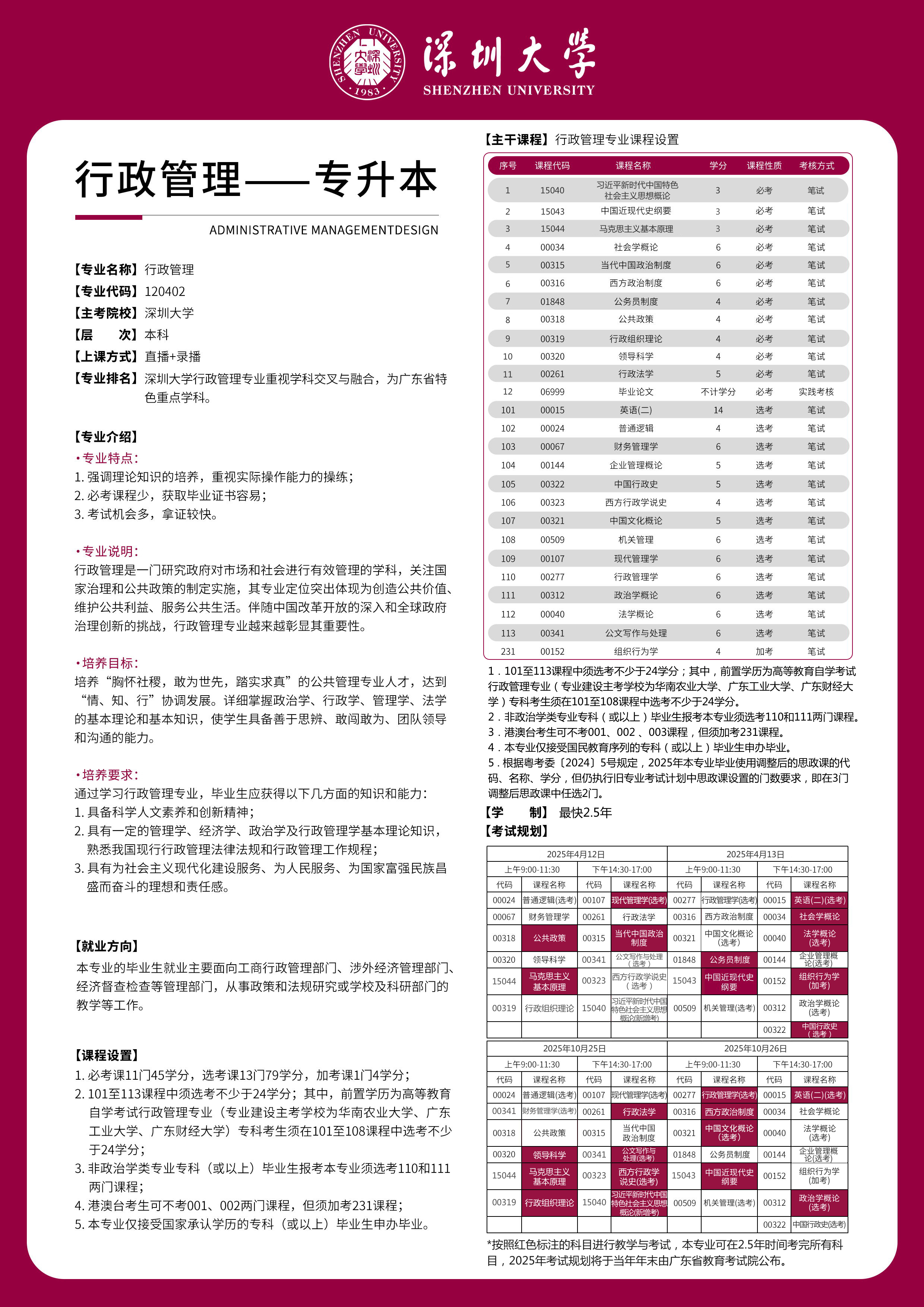 深大自考行政管理课程设置